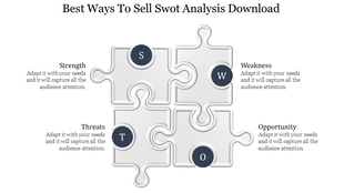 Puzzle-style SWOT analysis infographic with interlocking pieces labeled S, W, O, and T around  descriptions.
