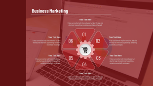 Business marketing PowerPoint slide with a gear and shopping cart diagram, surrounded by numbered text boxes.