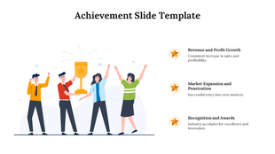 Achievement-themed slide showing a trophy with four characters raising their arms in celebration, with text areas.