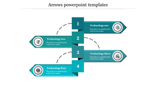 Slide showing four teal arrows pointing right with numbered steps and technology-related icons for a sequential process.