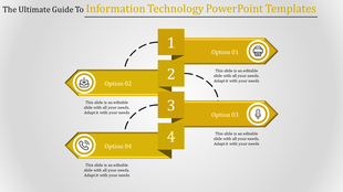Four step diagram in yellow with alternating left and right arrows, featuring icons, and text placeholders for options.