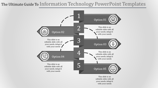 Case study slide with a white section displaying six blue arrow buttons and placeholder text areas.