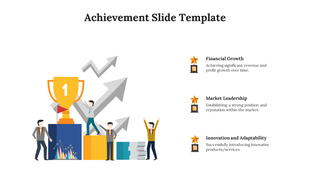 An achievement slide featuring a golden trophy, arrows indicating growth, and three key achievements.