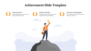 Achievement template showing man on peak with trophy and laurels representing growth, leadership, and adaptability.