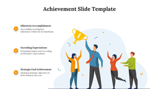 Illustration of people celebrating with a trophy, with three achievement descriptions listed on the left.