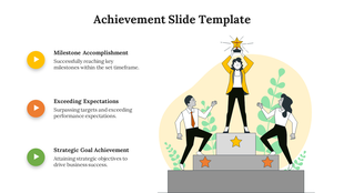 Three achievements listed with yellow, orange, and green arrow, alongside a podium scene with figures, stars, and plants.