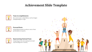 Podium scene with athletes celebrating, surrounded by trophy icons for team and individual achievements.