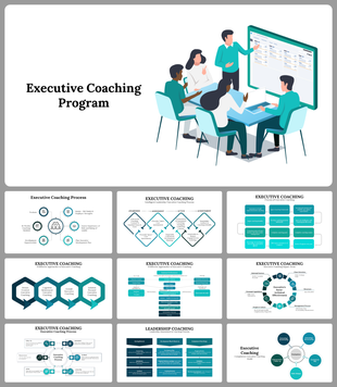 Slide deck on executive coaching with visual frameworks, coaching cycle diagrams, and teal accented process illustrations.