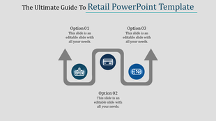 Retail themed slide with a gray curved arrow and three blue icons representing open store, payment, and sales discount.