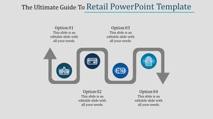 Gray wavy line with four blue circular icons representing retail steps, labeled with captions.