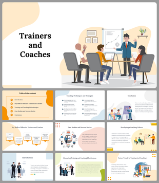 Slide deck with illustrations of trainers, charts, and learning, covering skills, trends, and coaching success stories.
