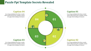 Circular puzzle infographic with four green segments, each numbered and paired with captions around the outer edges.