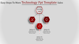 Slide with a central technology hub and three red hexagons, connected by dotted lines and text placeholders below.