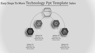 Grayscale infographic with central technology hexagon and four linked options featuring gears, network, bulb, and map icons.