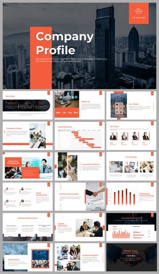 Company profile slides featuring mission, culture, team members, market achievements, and financial performance with images.