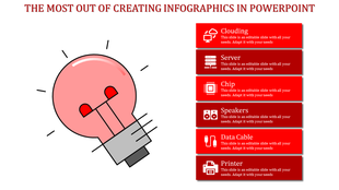 Infographic slide with a lightbulb graphic and red color sections from Clouding to Printer with icons and placeholder text.