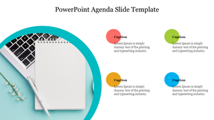 Agenda template with a circular design showing a notebook, pen, and laptop, surrounded by four colorful caption areas.