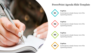 Agenda slide with four sections, each containing a colorful icon and caption, alongside a person writing in a notebook.