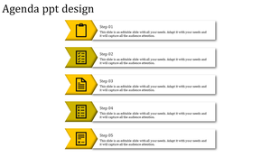 Agenda PPT slide featuring five yellow arrow icons paired with text boxes labeled Step 01 through Step 05.