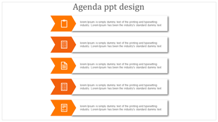 Agenda PPT slide with five orange arrow icons paired with text boxes and placeholder text.