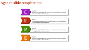 Four step agenda template with purple, red, green, and orange arrows pointing right and white text boxes.