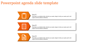 Agenda PPT slide with three orange arrow icons representing steps, paired with text boxes for descriptions.