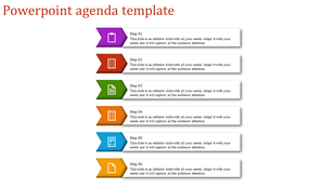 Six step agenda template with purple, red, green, orange, blue, and yellow arrows containing icons and text.