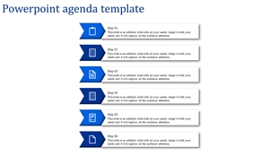 Agenda PPT slide with six blue arrow icons representing steps, paired with descriptive text boxes.