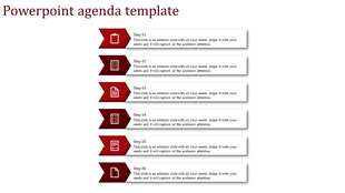 Red themed agenda slide with six horizontally arranged steps, each with a different checklist or document icon.