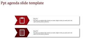 Two step agenda slide with red arrow banners, featuring a clipboard and checklist icon alongside text boxes.