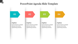 Agenda slide with four colored sections labeled 01 to 04, each with a caption area for text.