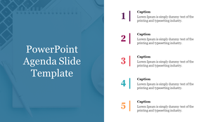 A clean and professional PPT slide showcasing numbered agenda points in different color captions.