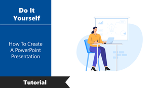 Illustration of a woman with a laptop, sitting in front of a whiteboard showing charts, learning to make a PPT presentation.