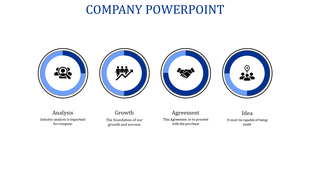 Icon centric slide with four blue and white circles showcasing key elements of analysis, growth, agreement and ideas.