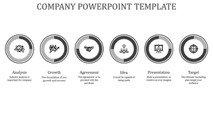 Row of six circular gray icons, each with a label and caption, representing business concepts on a white background.