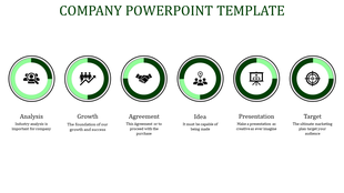 Company PPT slide with six green circular icons representing analysis, growth, agreement, idea, presentation, and target.