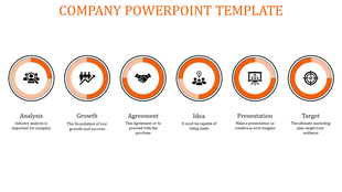 Company template featuring six orange circular icons with business related symbols from analysis to target.