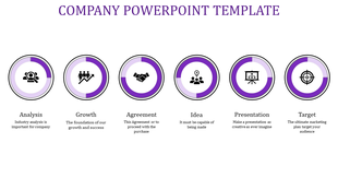 Six purple circular icons with captions arranged in a row, representing business concepts on a white background.