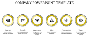 Minimalist company slide displaying six yellow gradient circular icons with black business symbols, arranged in a row.