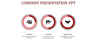 Slide with three circular red gradient icons aligned horizontally, highlighting various business concepts.