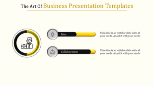 Business template showing progress bars for idea and collaboration with icons and yellow highlights.