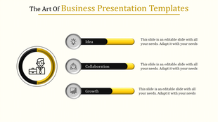 Slide showing a circular icon on the left and three horizontal progress bars in yellow and black for business stages.