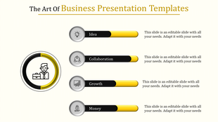 A business template featuring icons for idea, collaboration, growth, and money with progress bars and captions.
