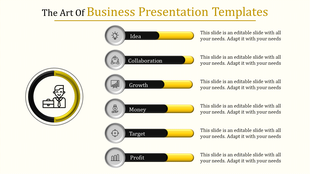 Business slide featuring a circular graphic and six horizontal bars representing idea, collaboration, and other key metrics.