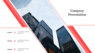 A company presentation slide with an image of skyscrapers and three caption areas for additional text.