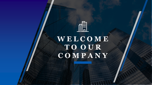 A welcome message with a city skyline background and a building icon, on a blue gradient background.