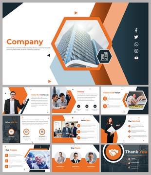 A company presentation slides featuring modern office buildings, team photos, and orange themed sections for content.