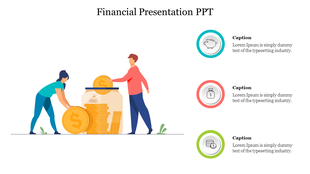 Financial slide featuring two figures placing large coins into a jar of money, with three placeholder text areas.