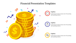 Slide with a stack of gold coins and upward arrows symbolizing financial growth and three labeled captions on the right.