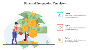 Illustration of a woman watering a money tree with dollar symbols, and three colored icons with caption.